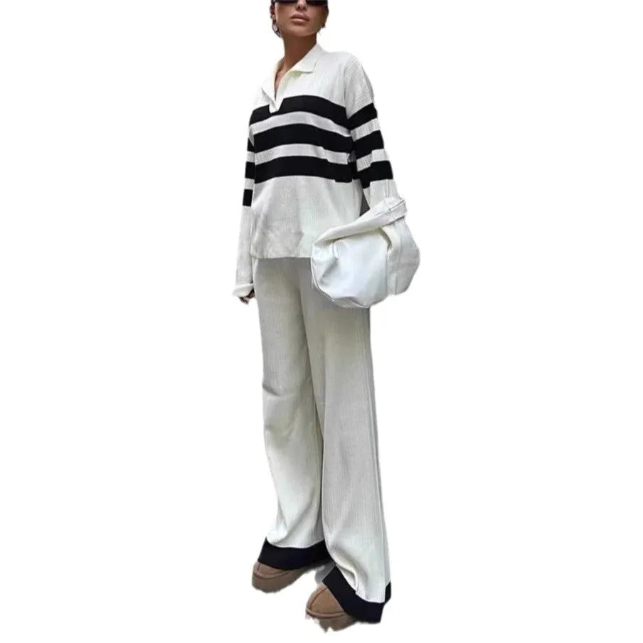 Women's black and white striped knitted polo collar shirt with matching trousers two-piece set