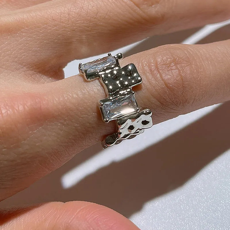 Silver cross zircon open gemstone ring with geometric design and retro pastoral style