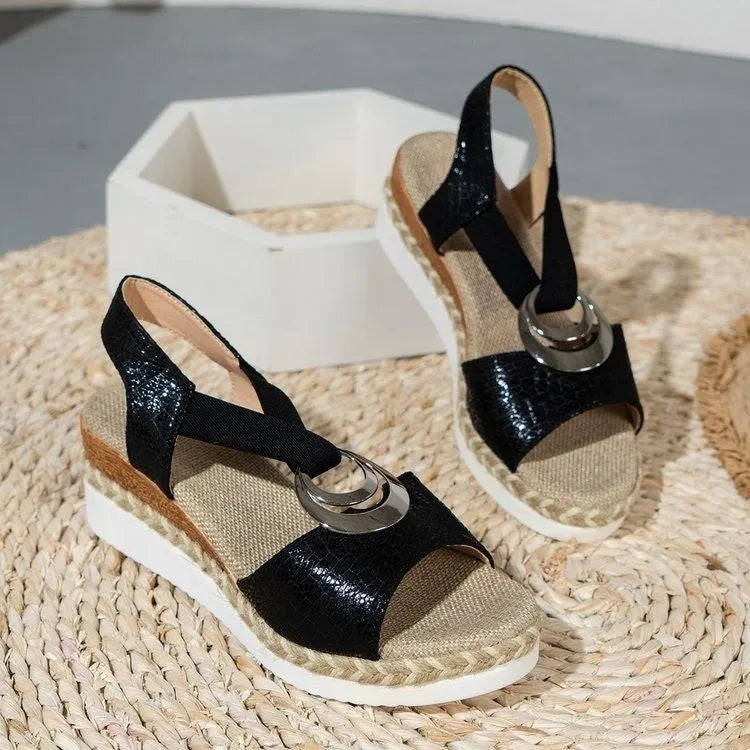 Platform wedge peep toe roman sandals with sequin cloth upper and ankle buckle in royal blue