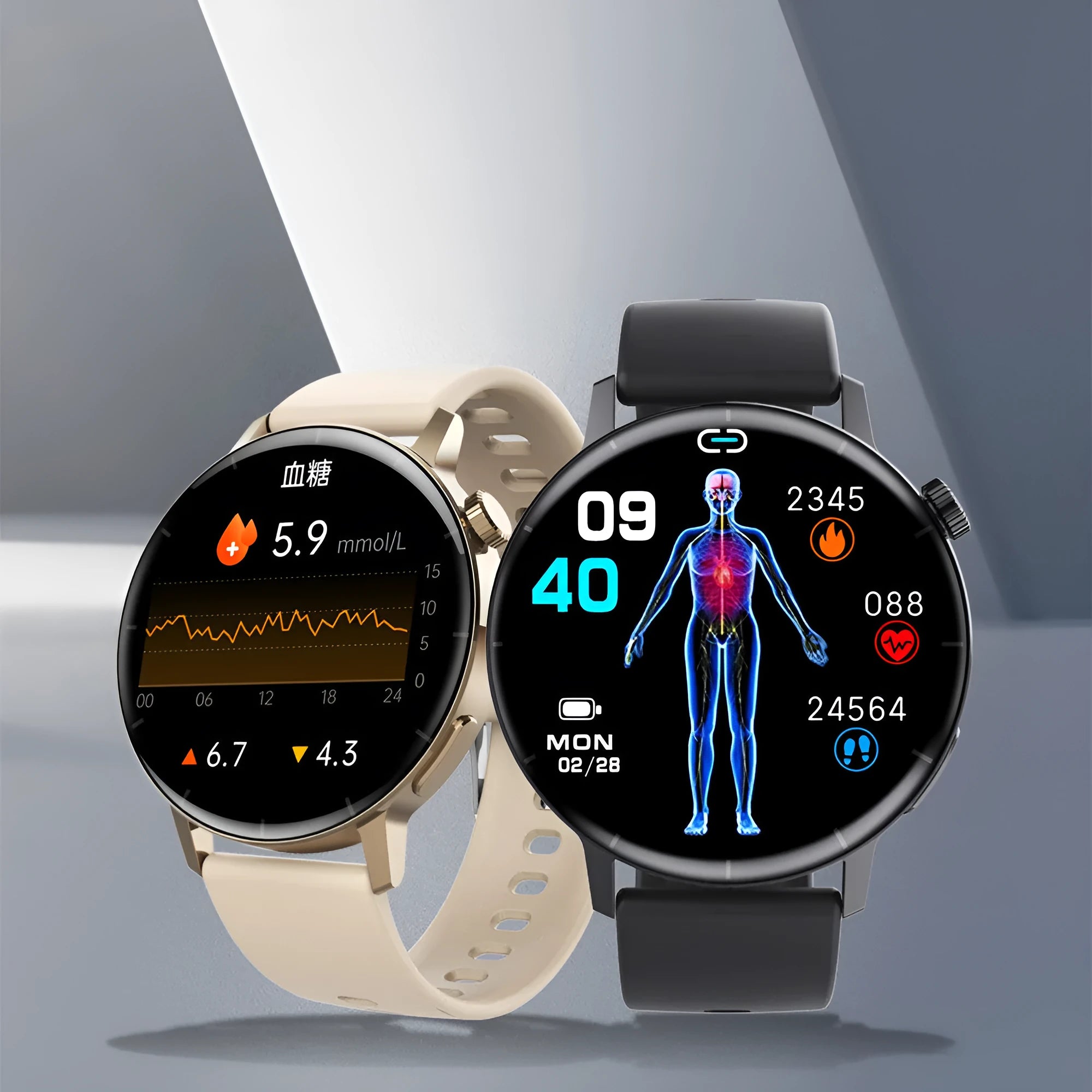 F67S third generation blood glucose smart watch on wrist, red light sensor, black strap variant