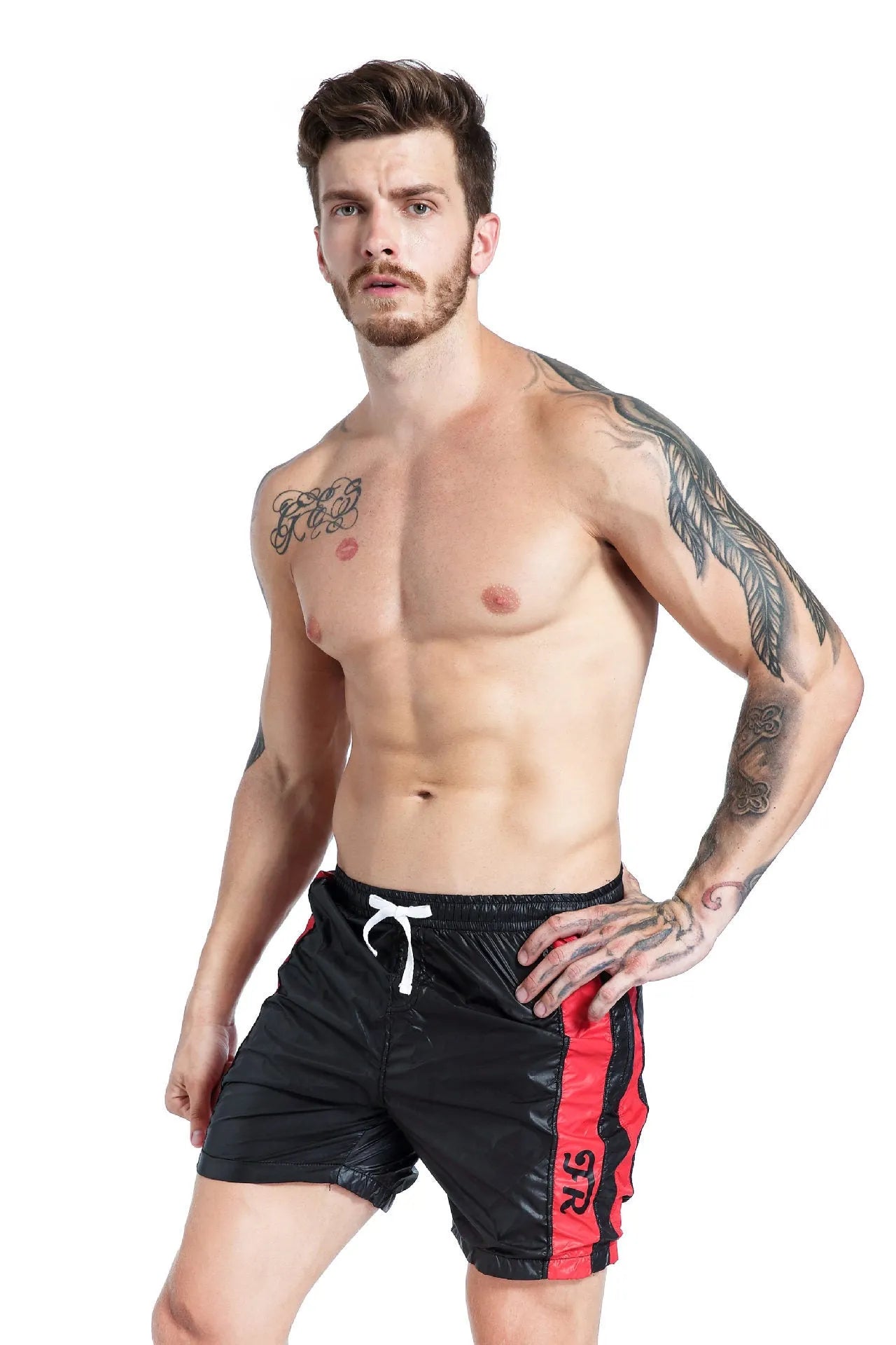 Men's blue sports shorts with lace-up fastening and padding for running support