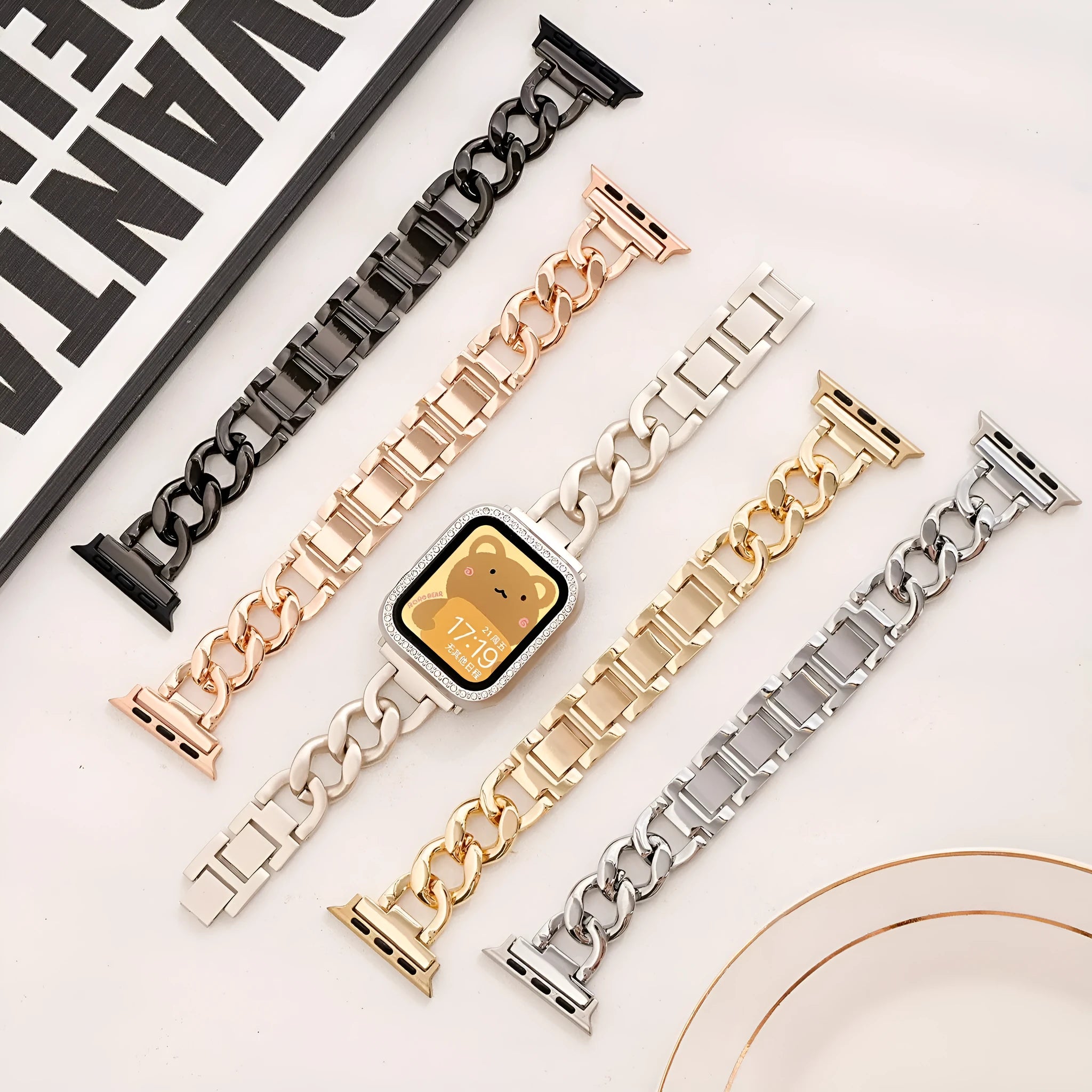 Denim chain metal Apple Watch compatible strap in silver, black, gold, rose gold, and starlight colours for 38-49mm cases.