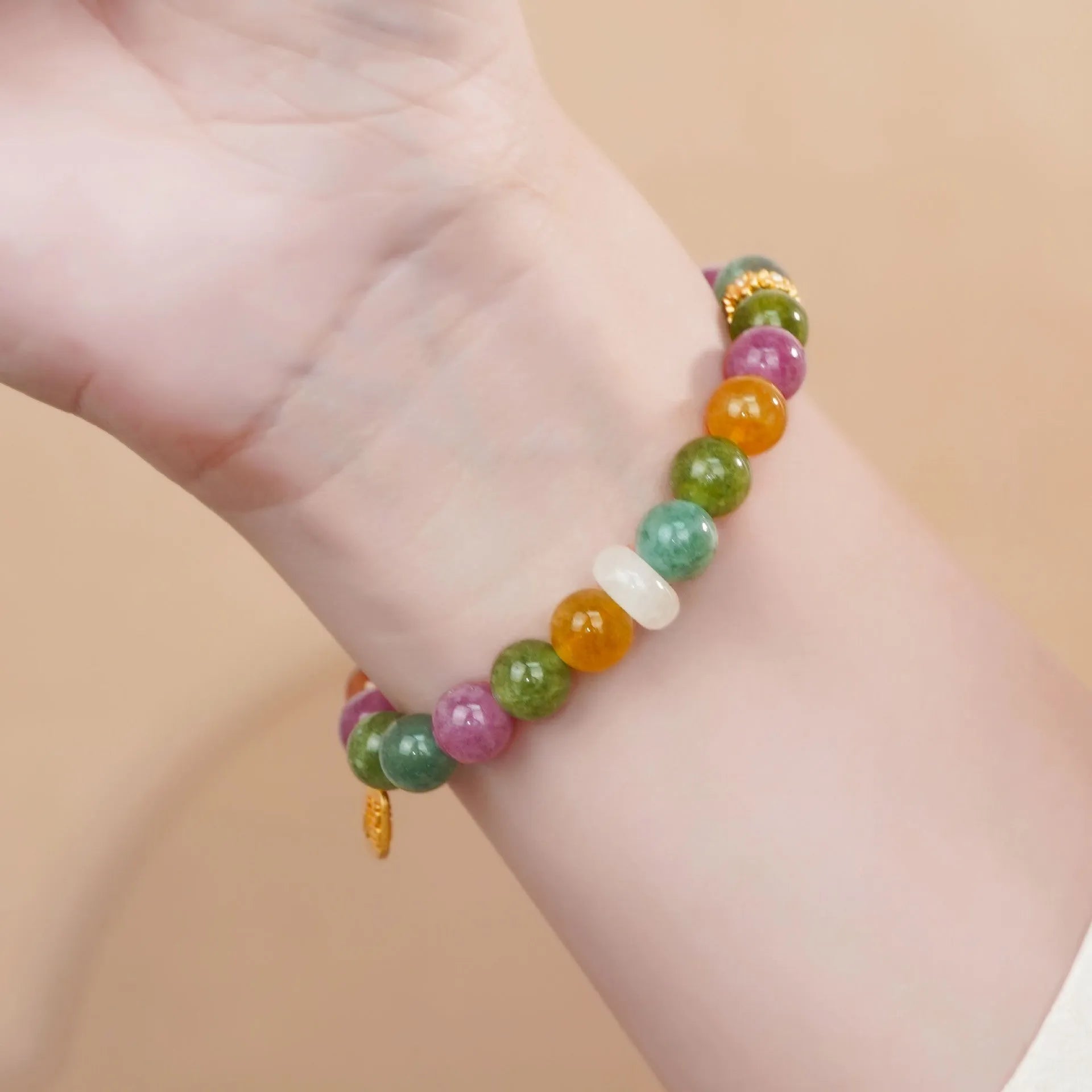 Natural jade rainbow tourmaline half bracelet for women with electroplated finish, 20g weight