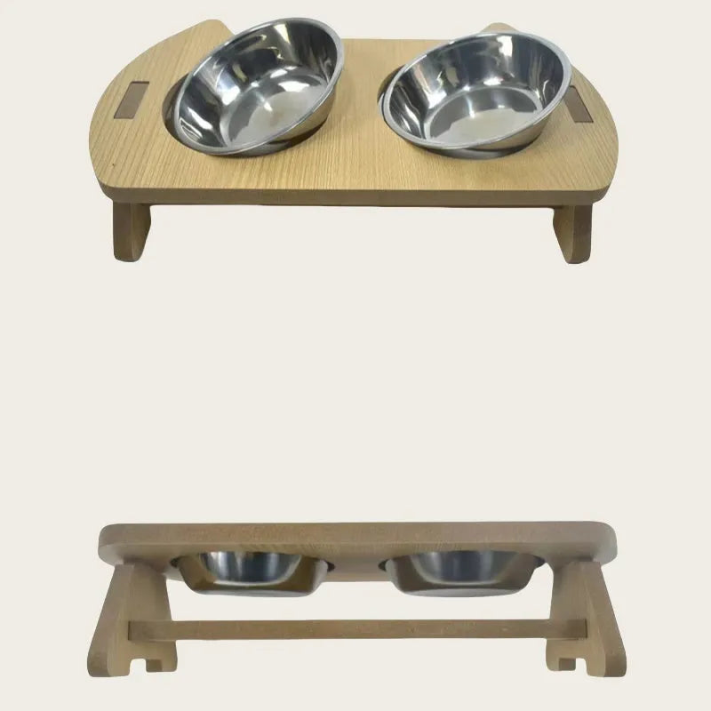 Wooden cat bowl feeder with two stainless steel bowls, anti-overturning base, raised design for neck protection