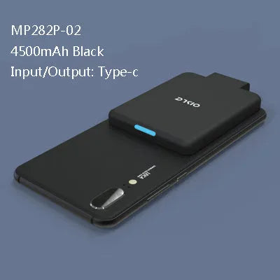 4500mAh back clip battery for iPhone Android Type-C in black, compact size 90mm x 61mm x 9mm