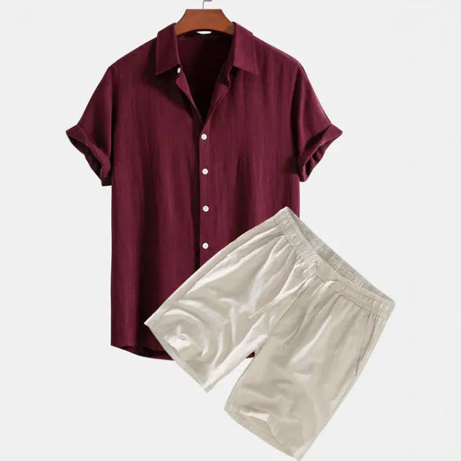 Men's solid color casual short-sleeved shirt and shorts suit in polyester fibre, available in black, coffee, green, navy blue, white, wine red.