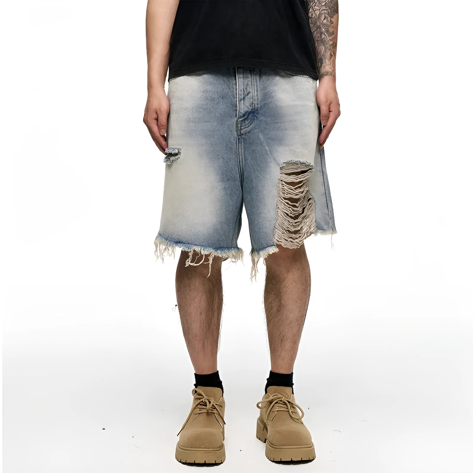 Light blue retro washed men's baggy denim shorts on a hanger showing wide leg fit.