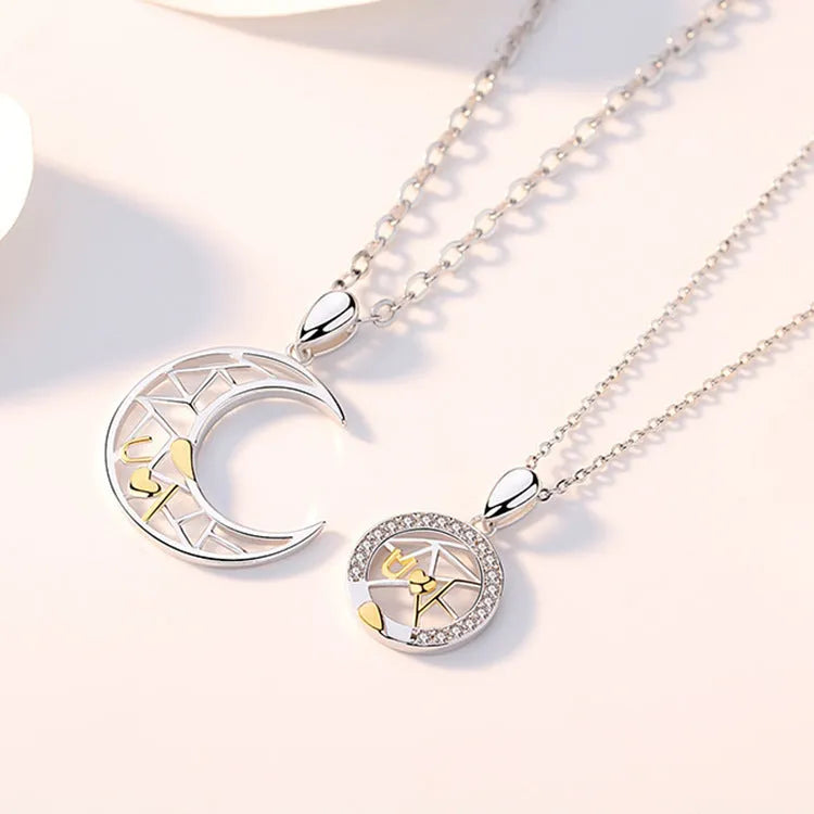 Sun and moon couple necklace set with electroplated copper pendants and cross chain