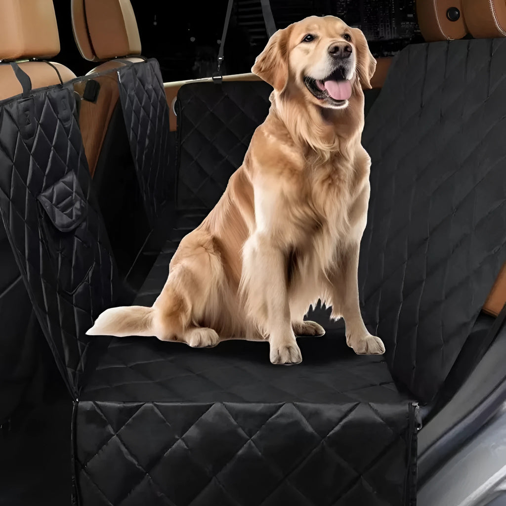 Pet car cushion in black cloth with medium mesh on a car seat for dogs