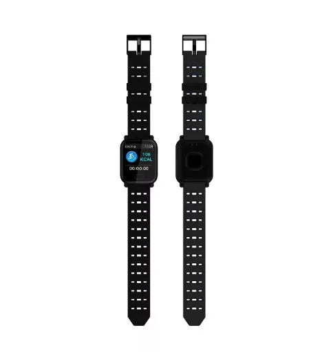 A6 smart bracelet with colour screen showing fitness metrics on wrist, available in black, blue, or orange silicone strap options