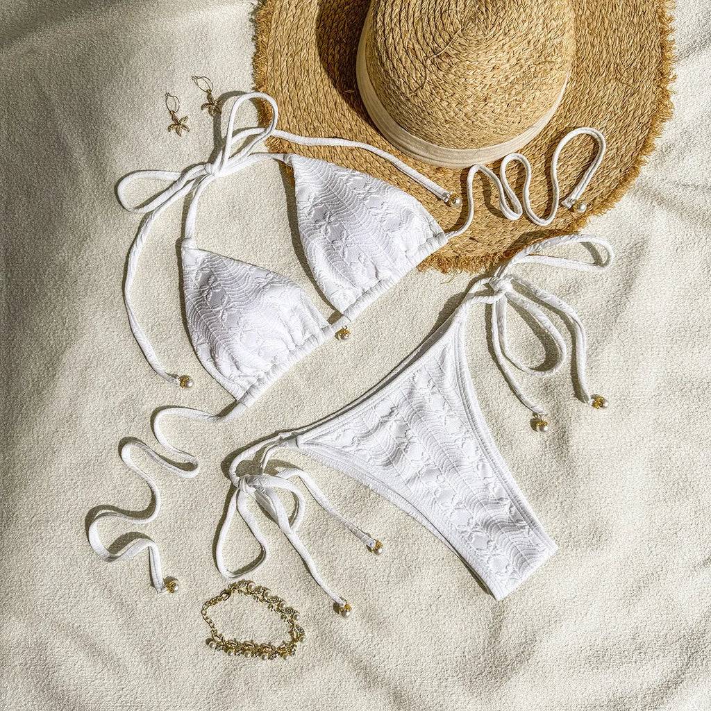 Halter lace-up bikini in milky white, front view, polyester fiber fabric, women's swimsuit on beach