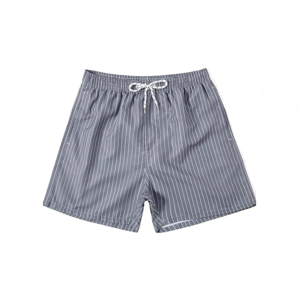 Striped polyester beach shorts with straight leg opening in navy blue grey khaki light blue colours