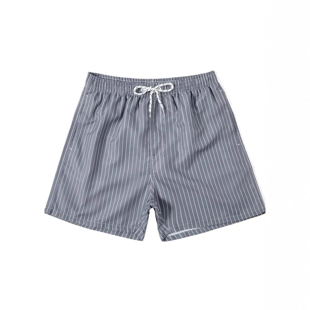 Striped polyester beach shorts with straight leg opening in navy blue grey khaki light blue colours