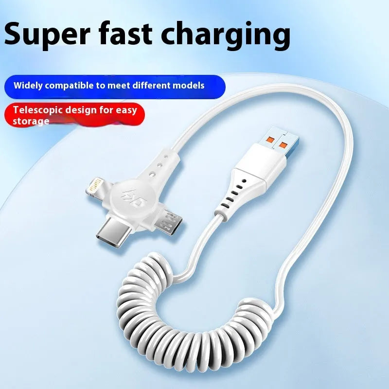 Super Fast Charge 3-in-1 telescopic data cable with Type-C, Micro USB, and Lightning connectors, 1.5m, TPE black