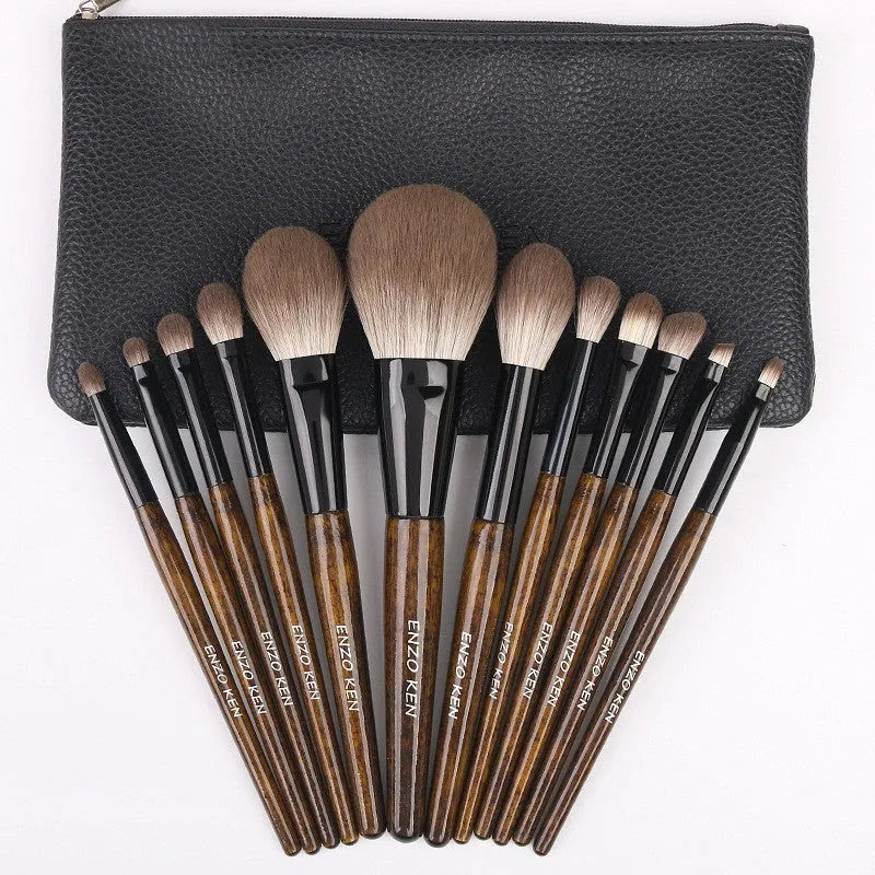 12-piece makeup brush set with wooden handles in portable PU storage bag