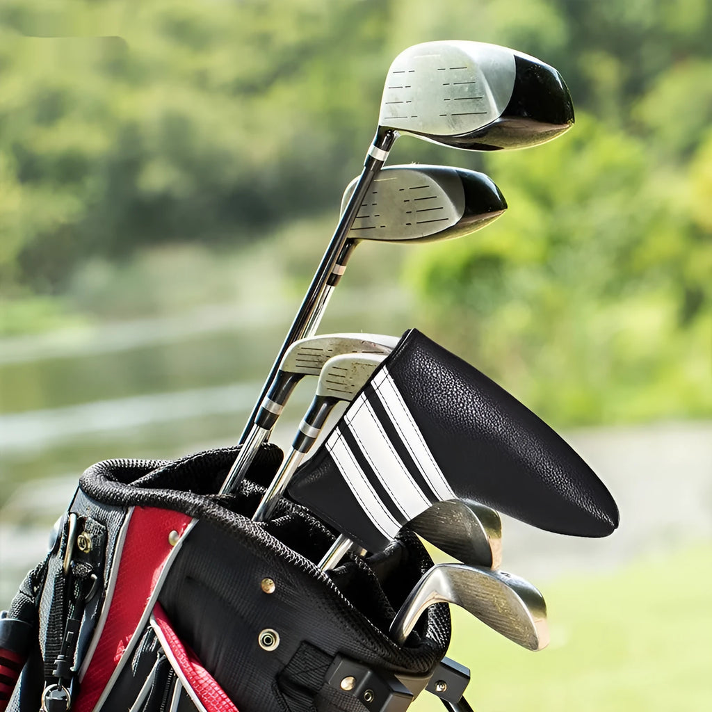 Black PU leather golf club head cover case with included push rod sleeve