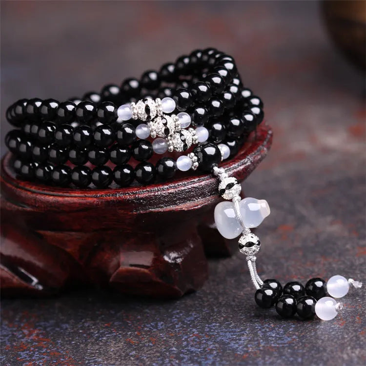 Natural black agate 108 beads bracelet unisex fashion OL style geometric shape numbers element