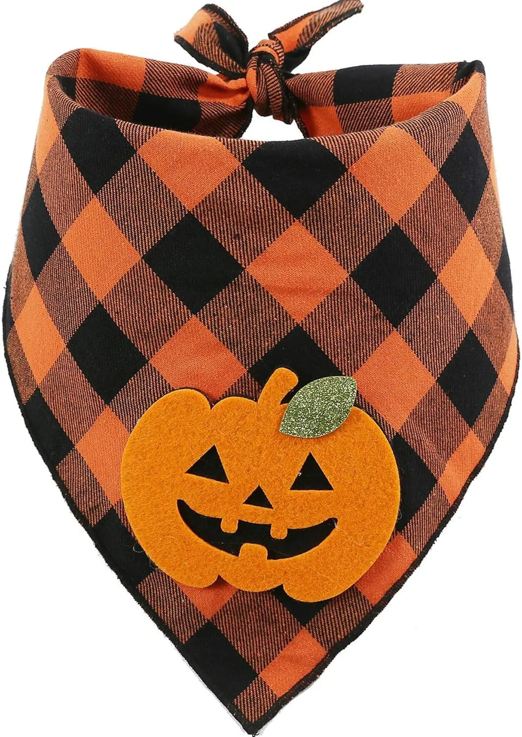 Orange plaid Halloween dog bandana with white skeleton and orange pumpkin felt appliques