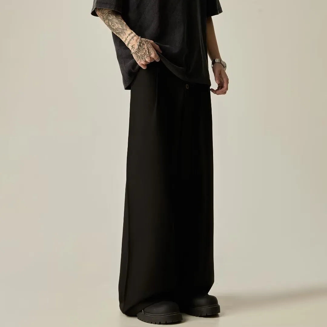 Men's solid colour wide-leg casual trousers in black with vertical tube design and button fastening