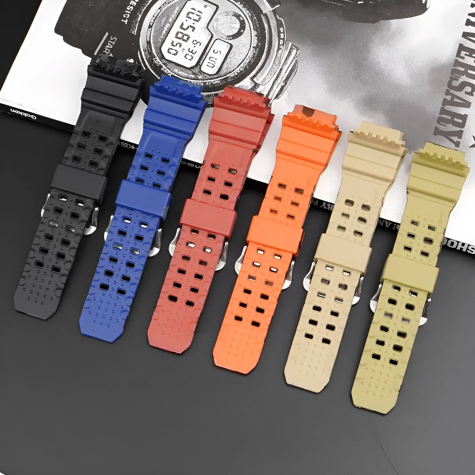 Camouflage patterned TPU watch strap with a silver buckle, showing its 12+7cm length.