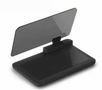 Gray smartphone hands-free navigation display holder on car dashboard with non-slip mat and organic glass panel