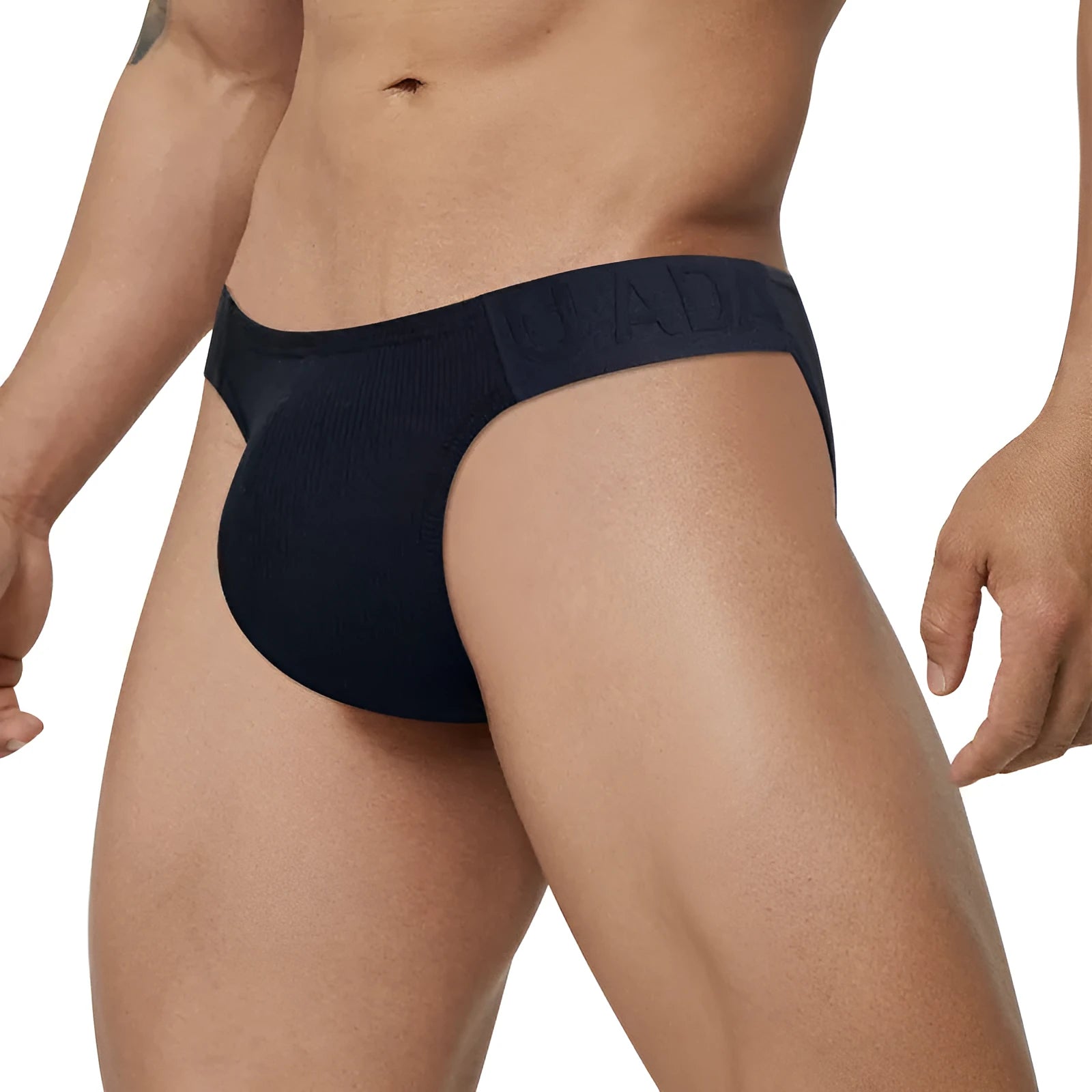 Polyester national triangle low waist seamless briefs in six colours – black, white, pink, purple, green, yellow – on white background