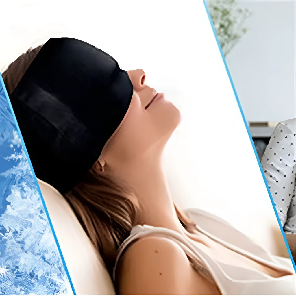 Black elastic cloth gel headache relief eye mask with adjustable head strap on a white background.