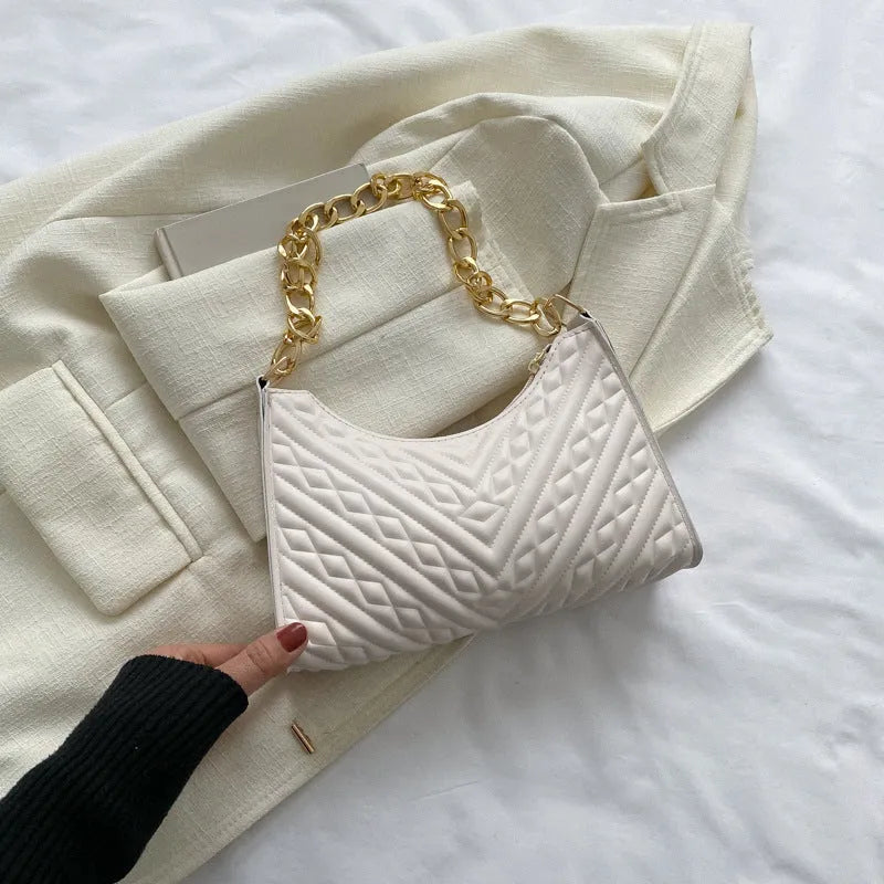 Brown PU leather pleated chain baguette shoulder bag with single strap showing vertical square shape