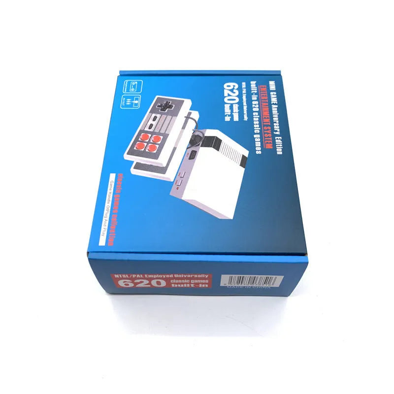 Compact black NES mini retro game console with two rectangular controllers on a white background