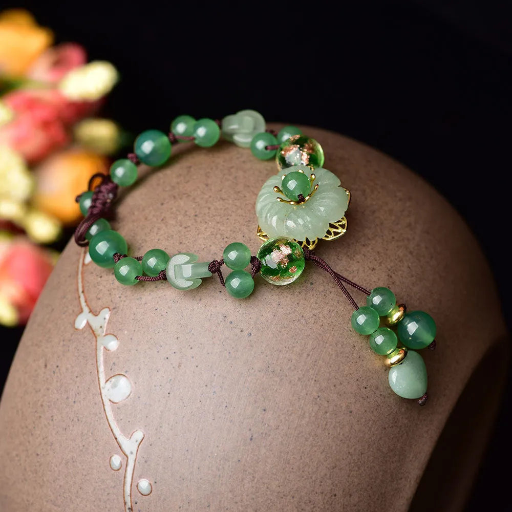 Hand-woven retro flower bracelet in Chinese style, mixed materials, petals style colourway, with auspicious patterns