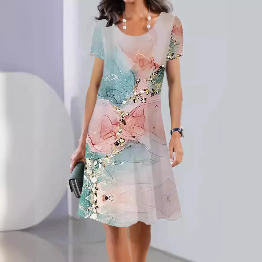 Women's ice silk A-line dress with printed botanical pattern in mid-length fresh sweet style
