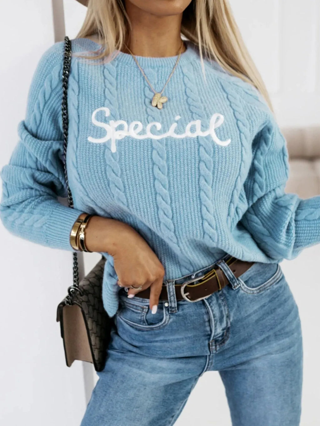 Blue men's leisure pullover sweater with embroidered letters text design on chest