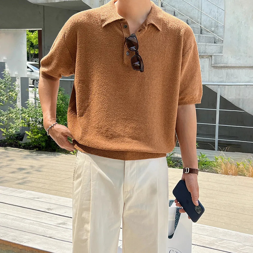 Men's caramel retro knitted polo shirt with asymmetric design details and short sleeves
