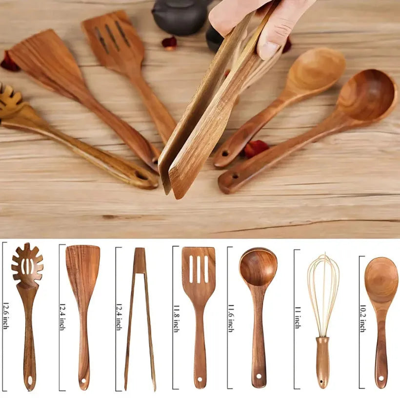 Seven-piece wooden cooking utensil set including spoon shovel for non-stick pans