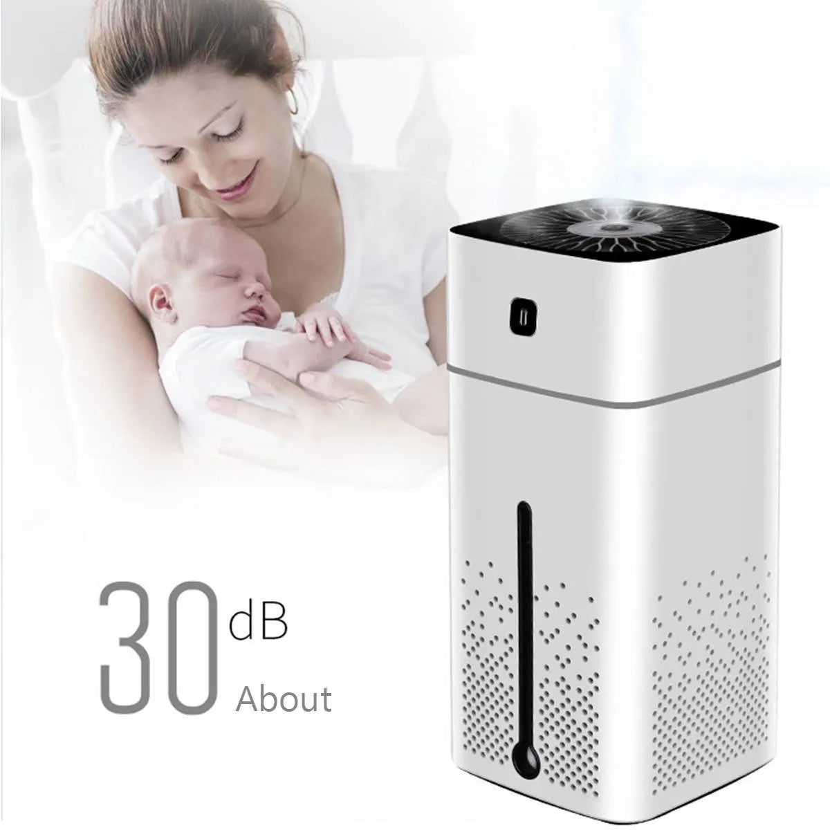 Black or white USB desktop humidifier measuring 103mm x 103mm x 218mm with 1000ml water capacity