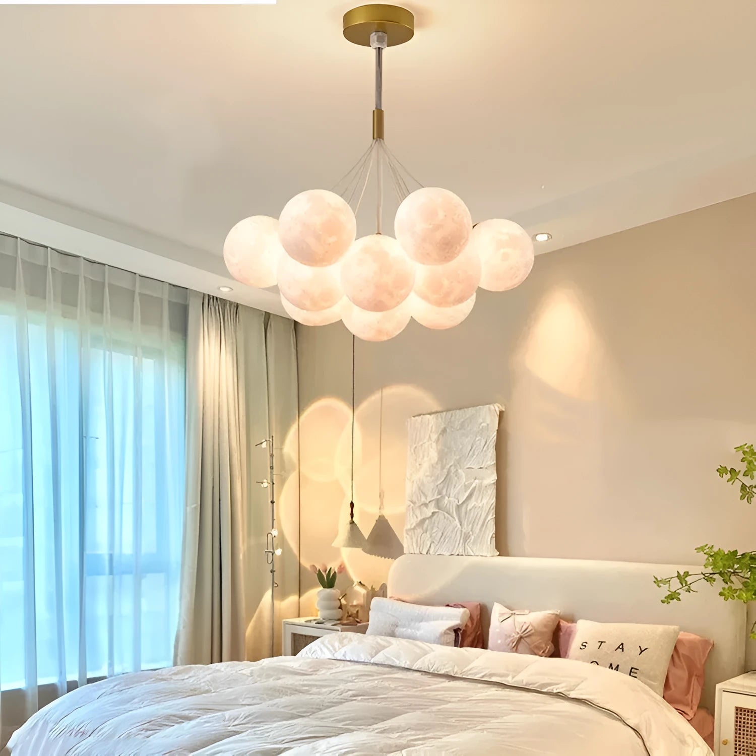 Nordic fish-shaped chandelier with gold iron frame and white bubble lampshades