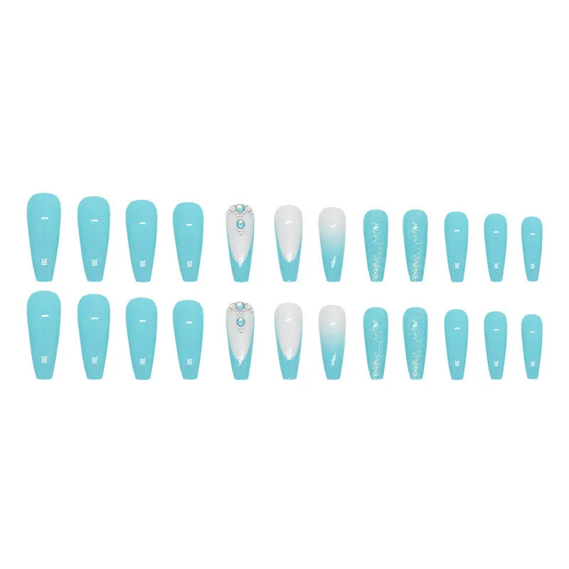 Long ballet-shaped press-on nail patches in solid smart blue diamond colour with glue bottle.