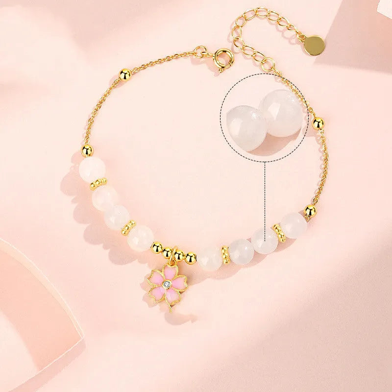 S925 silver gradient epoxy cherry blossom pendant Hetian jade beaded bracelet pink sweet style