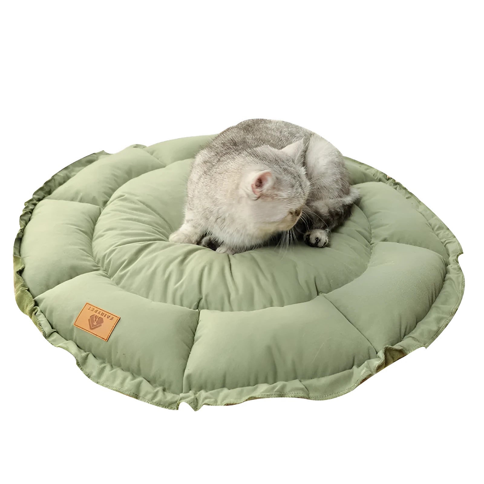 Grey reversible donut cat bed with raised edges shown alongside green version
