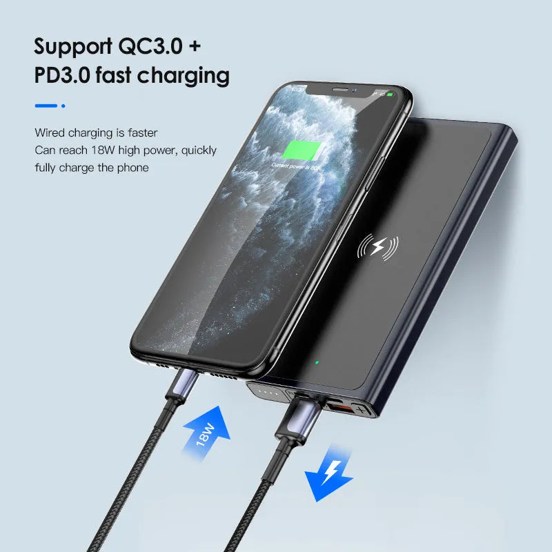 Black and blue alloy fast charging wireless power bank 10000mAh with plug