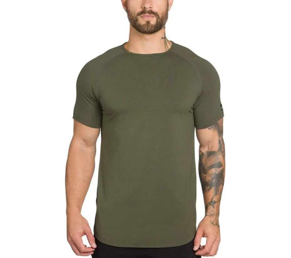 Men's plain and lettered fitness sports shirt in cotton-spandex blend on hanger