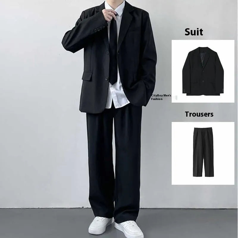Plus size men's college style suit set with loose fit jacket, trousers, white shirt and tie for spring and autumn wear