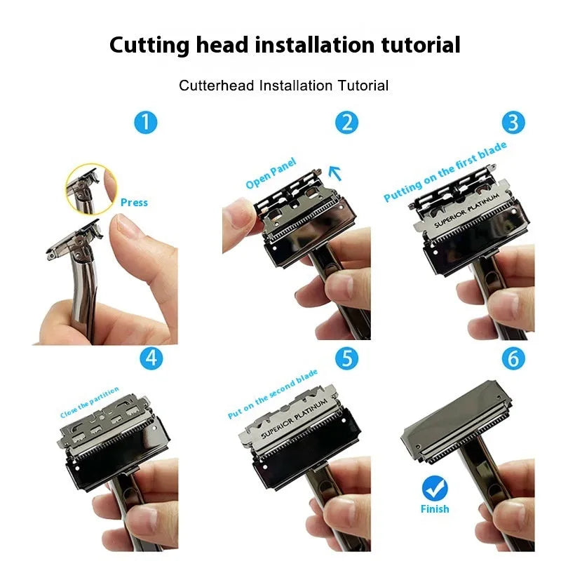 Manual shaver with double-layer half-blade holder in silver finish