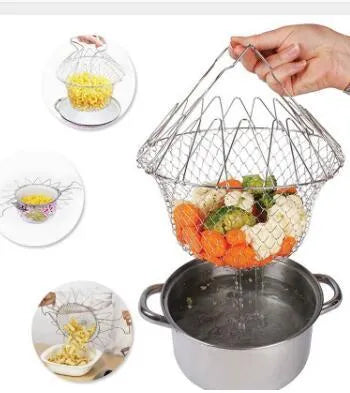 Stainless steel foldable deep fry basket 23cm with grid and handle for home kitchen use