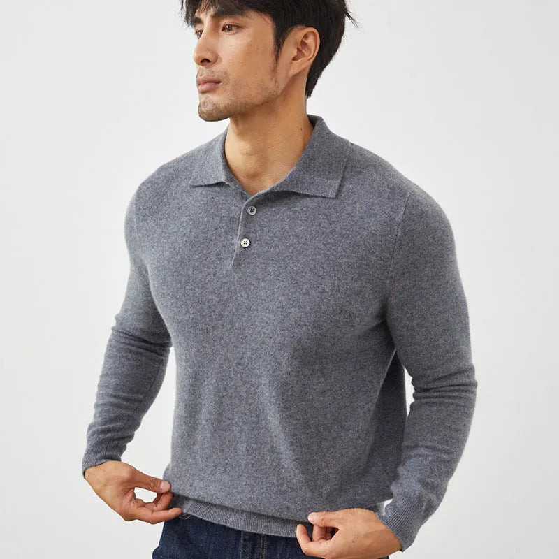 Man wearing a sapphire blue loose-fit cashmere polo neck pullover sweater