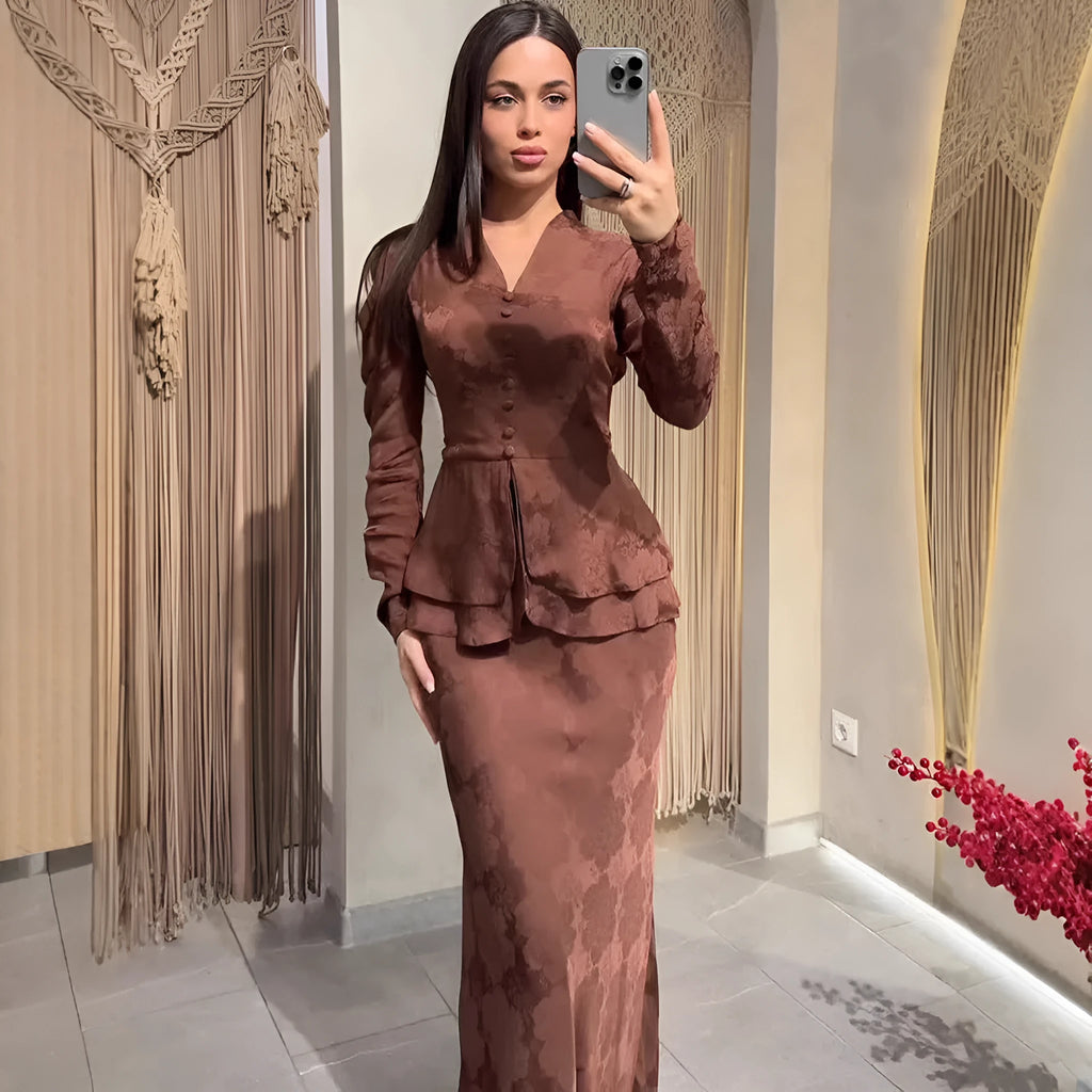 Dark brown women's retro style long sleeve dress with floral pattern and faux two-piece design.
