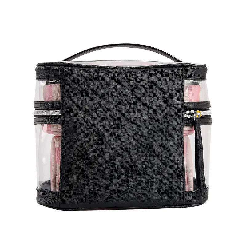 Pink bold stripe floral pattern waterproof synthetic leather makeup buggy bag folded