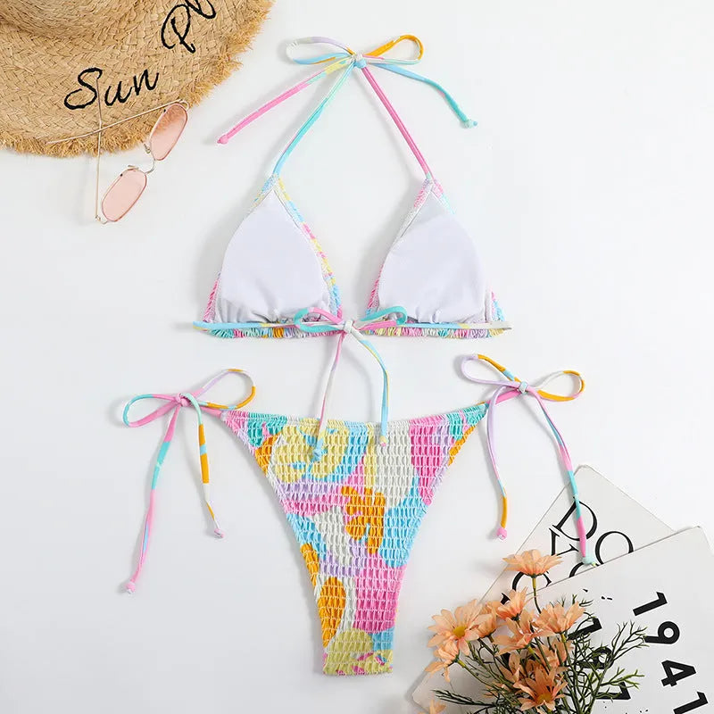 Women's multicolour triangle bag bikini set with split printed floral gradient pattern and smocking craft details