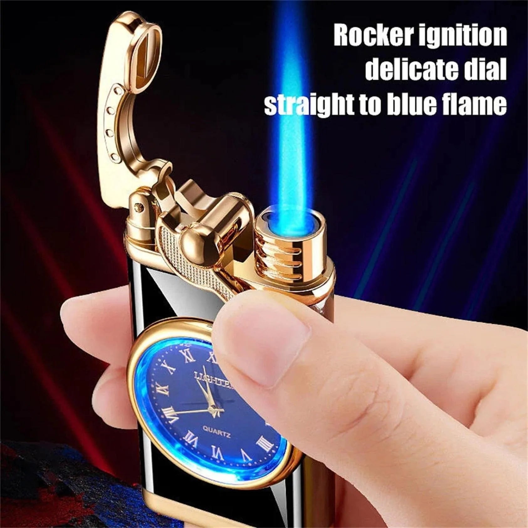New lighter watch with electric ignition, zinc alloy case, blue flame - real watch dial shows time, multicolor options available