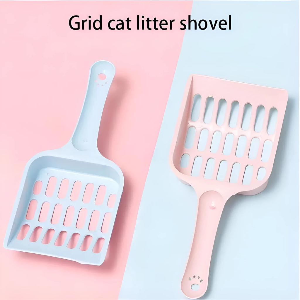 Blue plastic cat litter scoop on a white background showing its 20cm length.